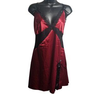 Women's Red Black Babydoll Croquette Slip Lace Bow Detail Dress Sz XL